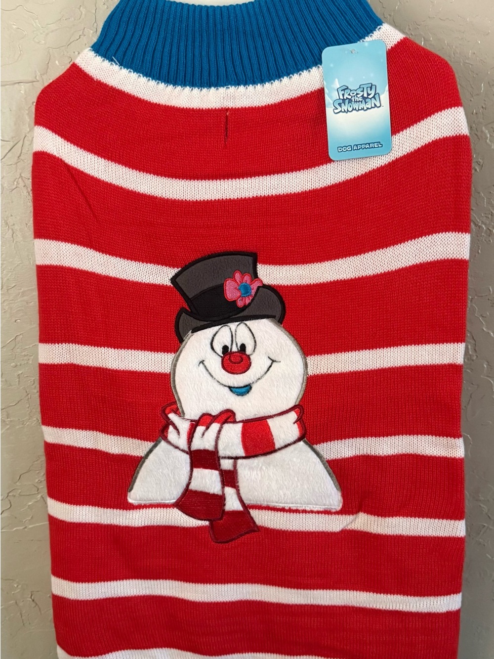 Red & White Striped Dog Sweater with Snowman Appliqué